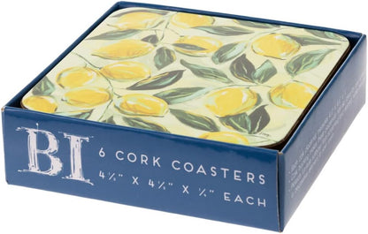 Coasters Cork Backed Coaster Set, 4" x 4", Painterly Lemons, 6-Count