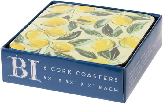 Coasters Cork Backed Coaster Set, 4" x 4", Painterly Lemons, 6-Count
