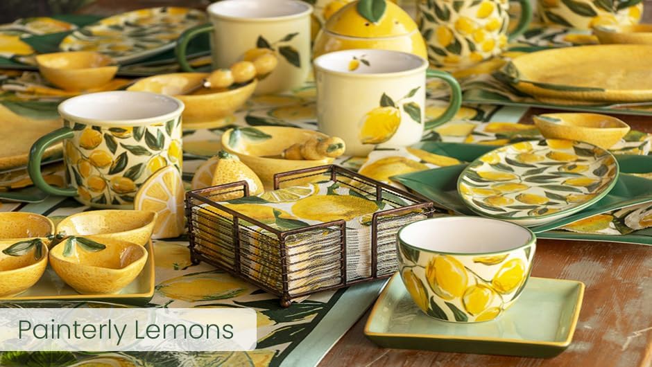 Coasters Cork Backed Coaster Set, 4" x 4", Painterly Lemons, 6-Count
