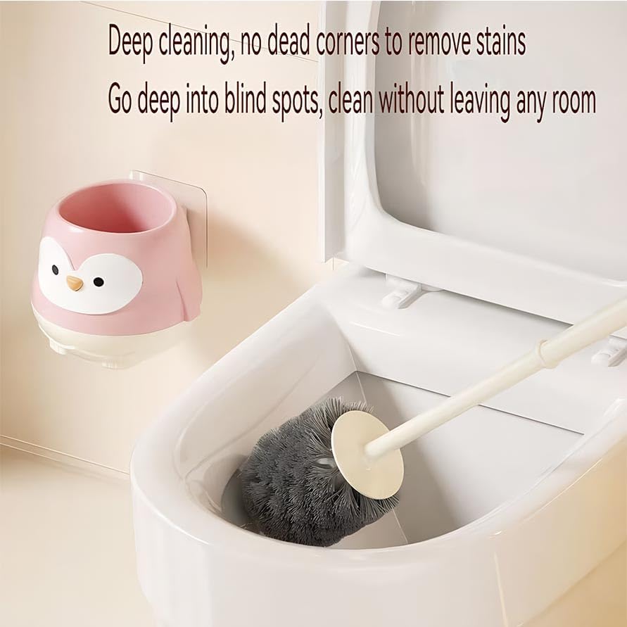 Penguin Toilet Brush and Holder Set - Cute Cartoon Long Handle Bathroom Cleaning Brush for Effective Home Use(Yellow)