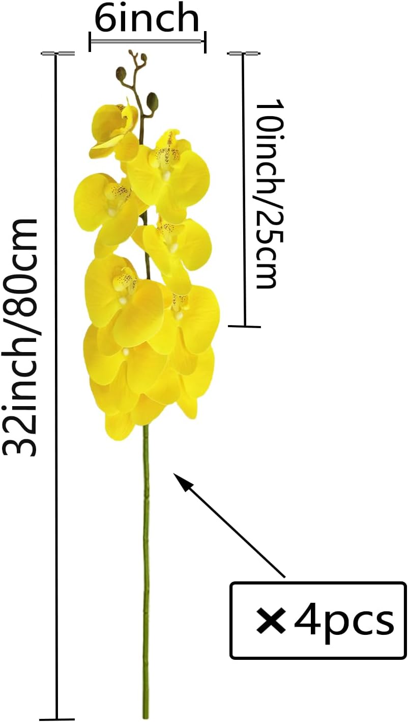 32 Inch Artificial Phalaenopsis Flowers 4 Pcs Artificial Orchid Flowers Fake Flowers Stem Plants for Home Décor (Yellow)