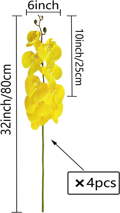 32 Inch Artificial Phalaenopsis Flowers 4 Pcs Artificial Orchid Flowers Fake Flowers Stem Plants for Home Décor (Yellow)