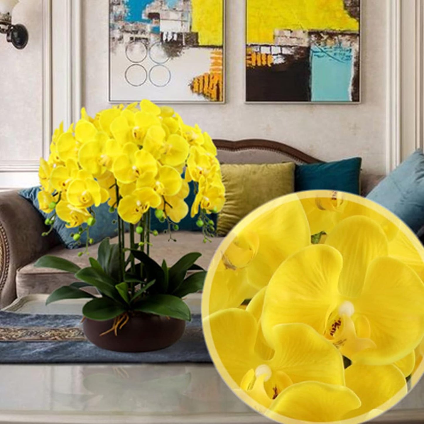 32 Inch Artificial Phalaenopsis Flowers 4 Pcs Artificial Orchid Flowers Fake Flowers Stem Plants for Home Décor (Yellow)