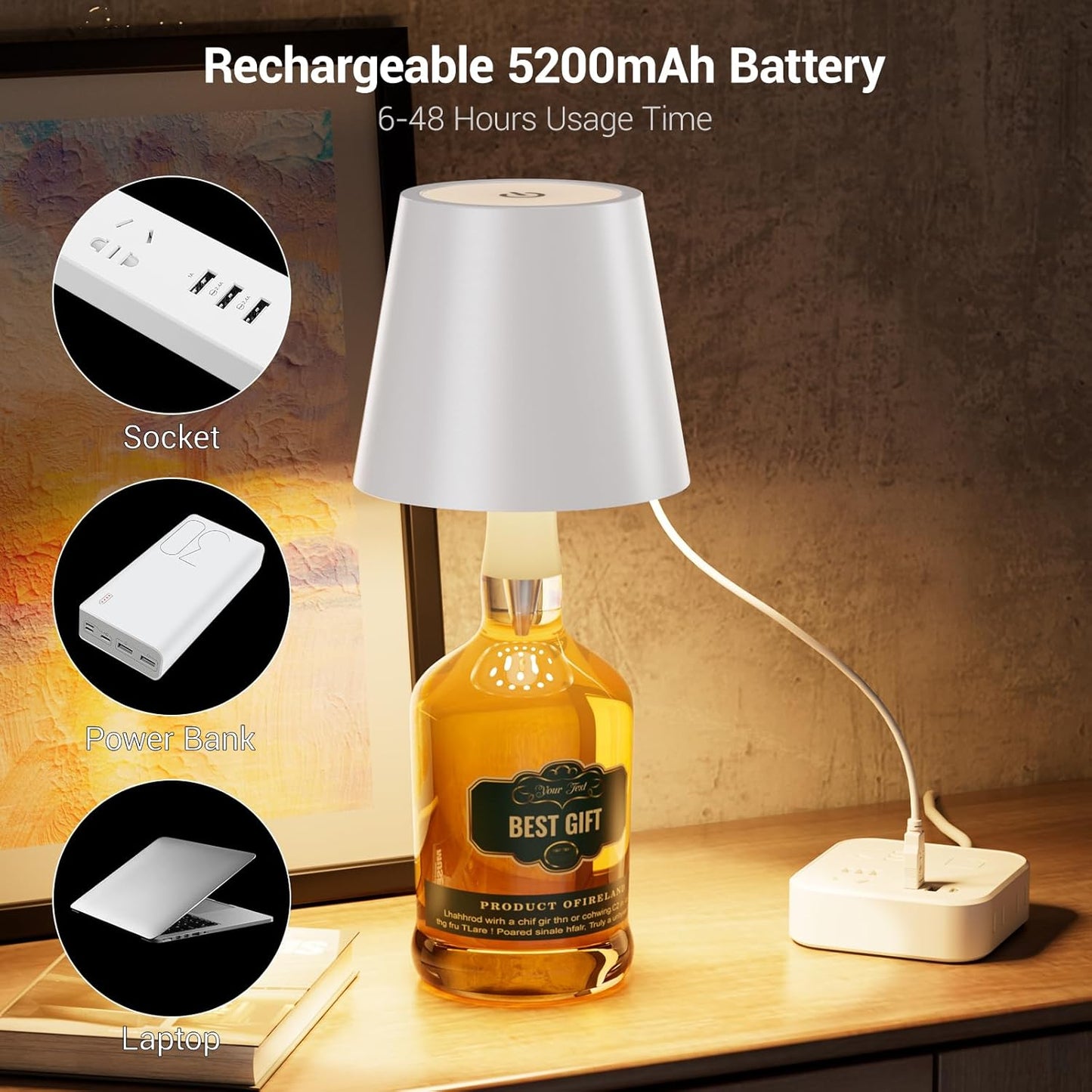 Wireless Bottle Lamp, Wireless Bottle Lamp Shade with 6 Color Temperature, Rechargeable Stepless Dimming LED Wine Bottle Lights for Any Bottle, Desk Lamp for Bedroom Restaurant Bar -Yellow