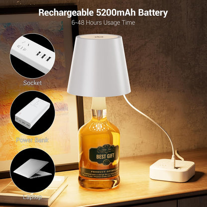 Wireless Bottle Lamp, Wireless Bottle Lamp Shade with 6 Color Temperature, Rechargeable Stepless Dimming LED Wine Bottle Lights for Any Bottle, Desk Lamp for Bedroom Restaurant Bar -Yellow
