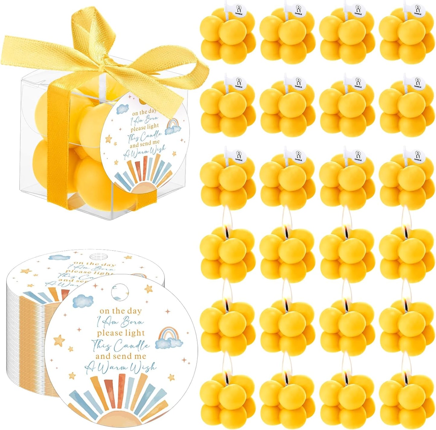 24 Sets Here Comes the Son Baby Shower Favors Small Bubble Candle for Guests Tea Candles Bulk with Stylish Ribbons Cards Gifts Party Decoration(Yellow, Sun)