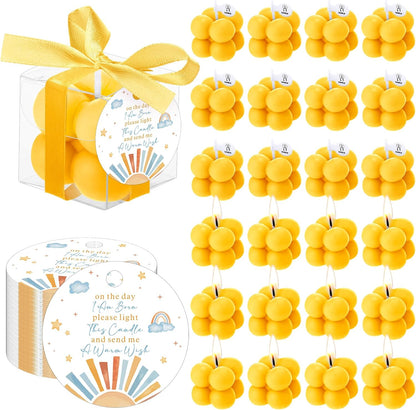 24 Sets Here Comes the Son Baby Shower Favors Small Bubble Candle for Guests Tea Candles Bulk with Stylish Ribbons Cards Gifts Party Decoration(Yellow, Sun)