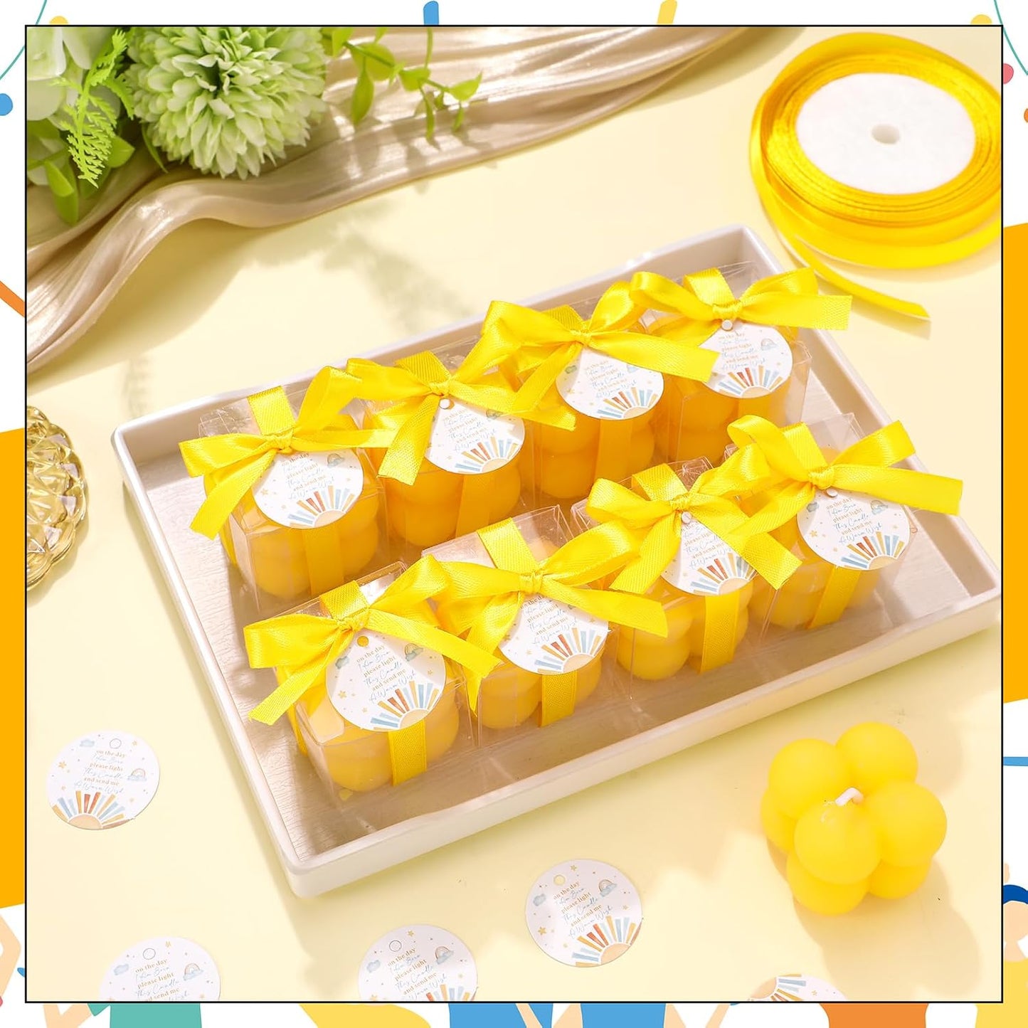 24 Sets Here Comes the Son Baby Shower Favors Small Bubble Candle for Guests Tea Candles Bulk with Stylish Ribbons Cards Gifts Party Decoration(Yellow, Sun)