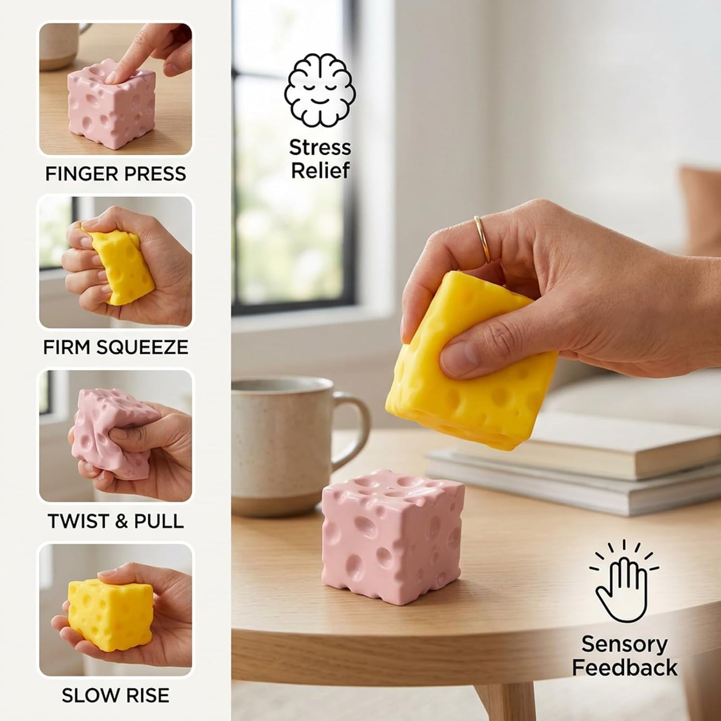 Cheese Squishy, Big Squishy Cheese for Stress Relief, 2 Pcs Fidget Squishy with Pink and Yellow for Adults, Slow Rise Squishies for Party, Gifts for Birthday