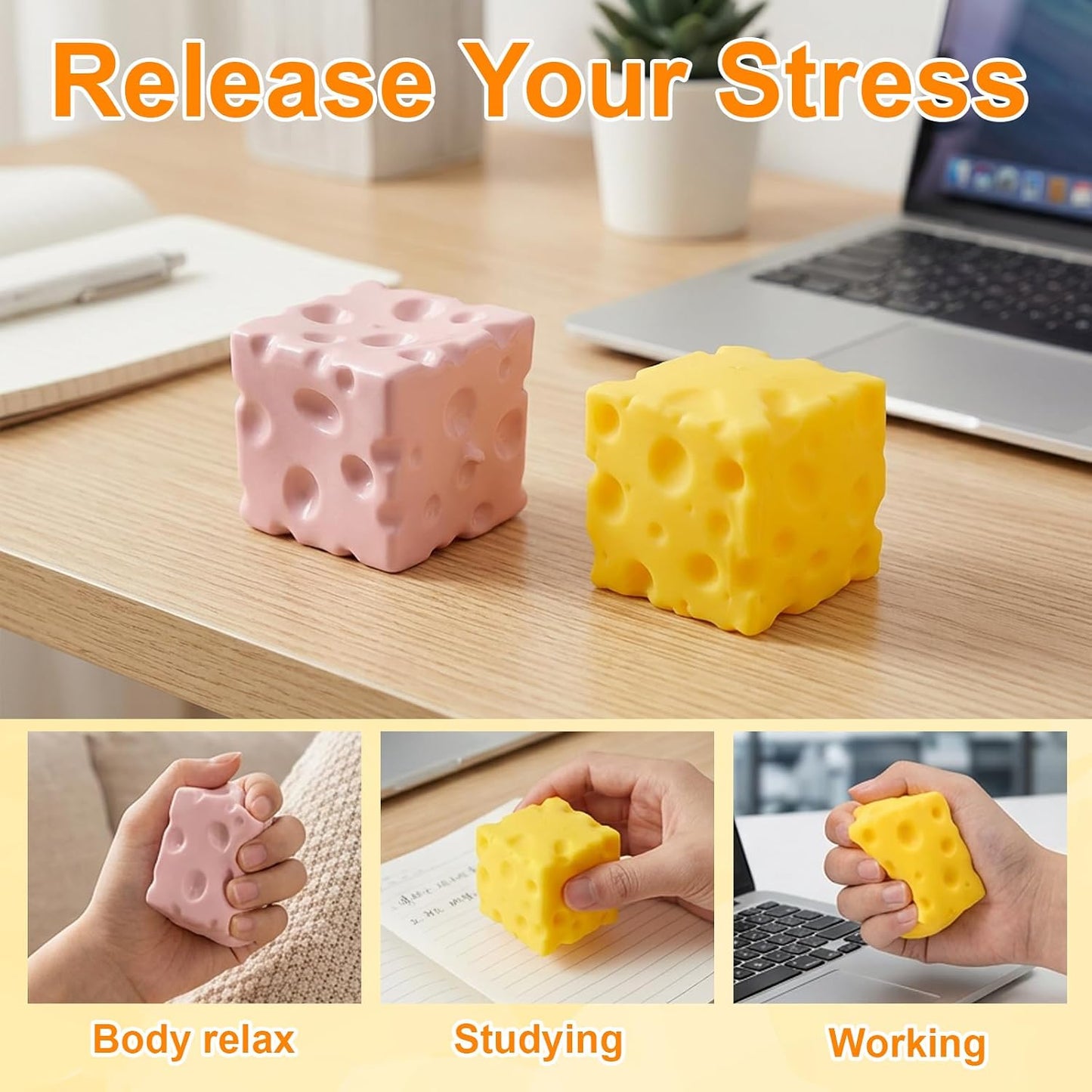 Cheese Squishy, Big Squishy Cheese for Stress Relief, 2 Pcs Fidget Squishy with Pink and Yellow for Adults, Slow Rise Squishies for Party, Gifts for Birthday