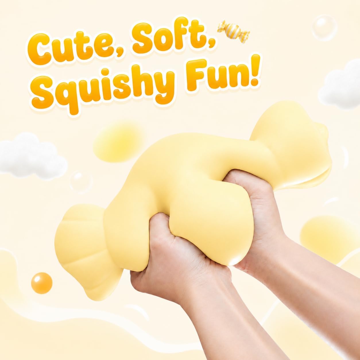 Jumbo Candy Squishy Toy, 10-Inch Oversized Squeeze Fidget with Soft Flour-Like Filling, 3-Second Slow Rise TPR Stress Relief Sensory Toy for Kids, Teens and Adults, Birthday, Yellow