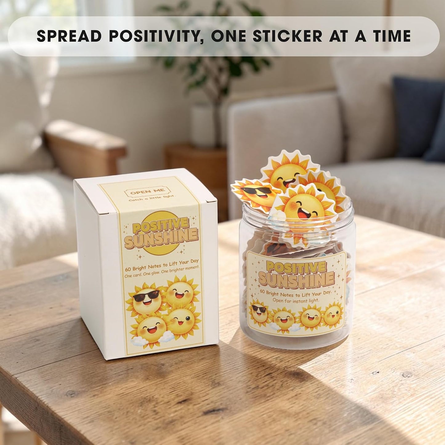 Positive Sunshine Jar – 60 Affirmation Cards for Emotional Support, Yellow Sunshine Gifts for Women & Mom, Motivational & Uplifting Positivity for Coworkers, Friends, Boyfriend, Girlfriend, Teen Girls