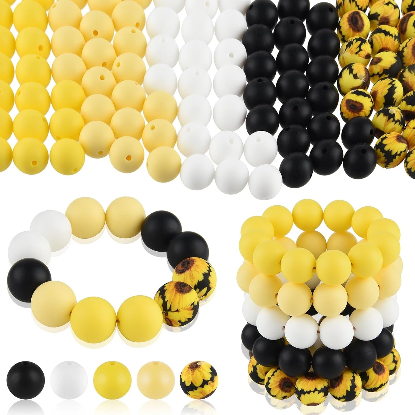 100 Pcs 15mm Silicone Beads for Keychain Making, Yellow Black Round Beads for Bracelets Beadable Pens Decorations Crafts Making Party Favours Supplies