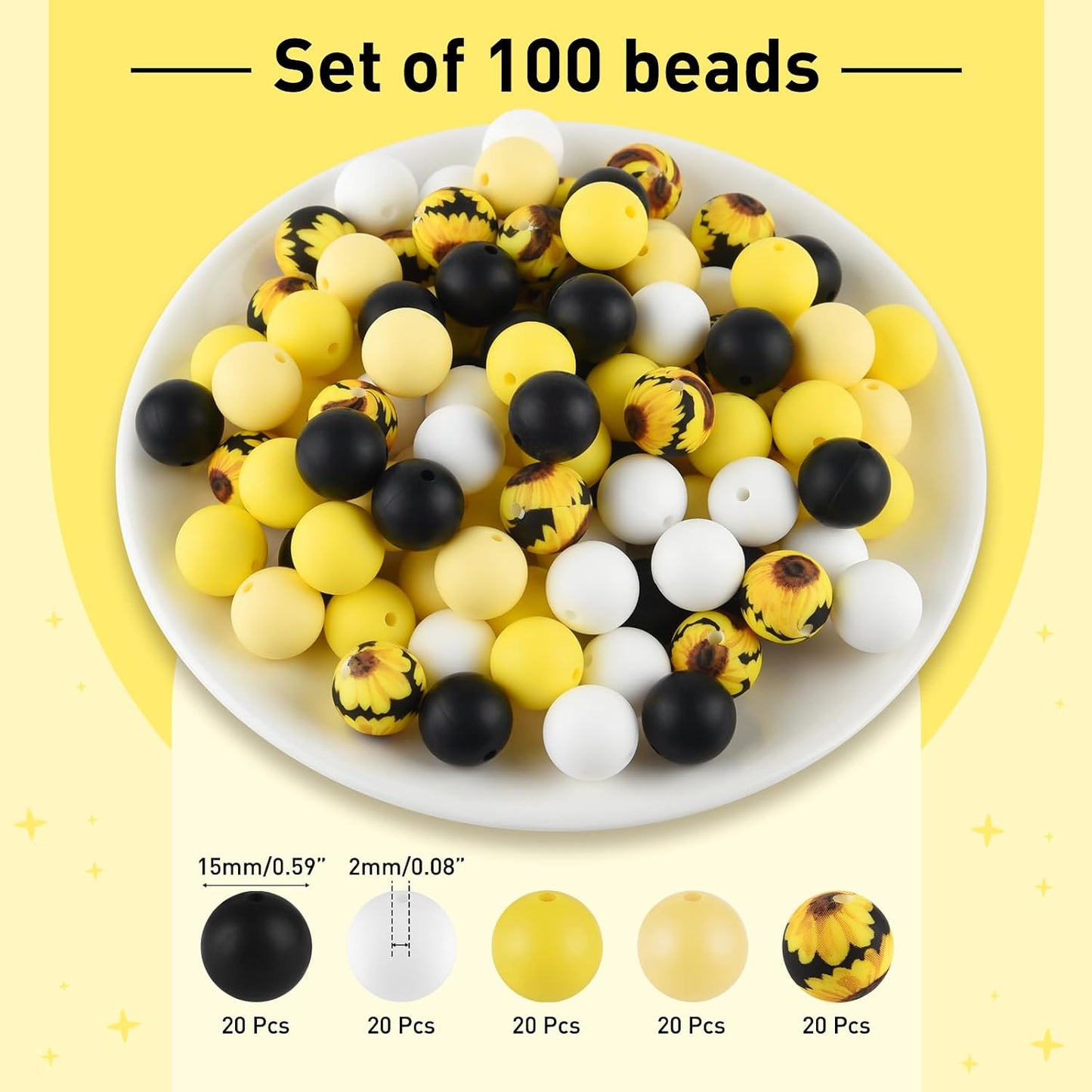 100 Pcs 15mm Silicone Beads for Keychain Making, Yellow Black Round Beads for Bracelets Beadable Pens Decorations Crafts Making Party Favours Supplies