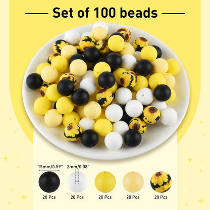 100 Pcs 15mm Silicone Beads for Keychain Making, Yellow Black Round Beads for Bracelets Beadable Pens Decorations Crafts Making Party Favours Supplies