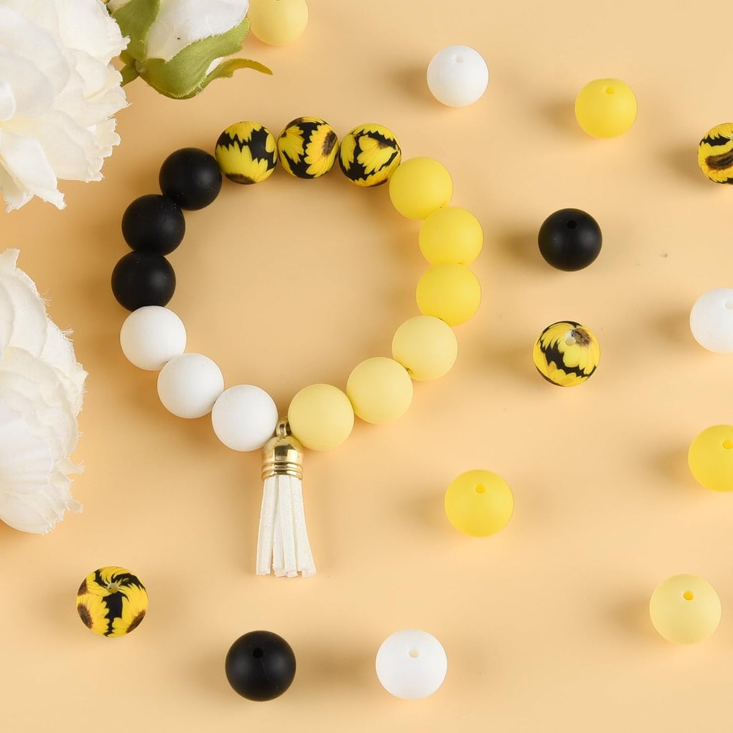 100 Pcs 15mm Silicone Beads for Keychain Making, Yellow Black Round Beads for Bracelets Beadable Pens Decorations Crafts Making Party Favours Supplies