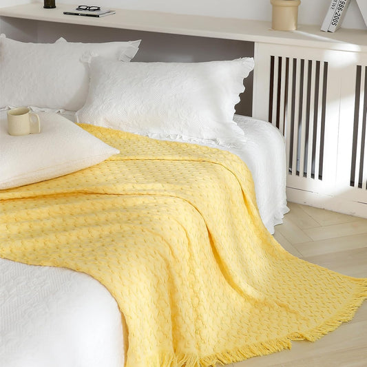 100% Cotton Throw Blanket for Couch, Bed, Waffle Weave Knit Blanket with Tassels, Soft Lightweight Pre-Washed Breathable Comfy Blanket Farmhouse Decor for All-Season(Light Yellow)