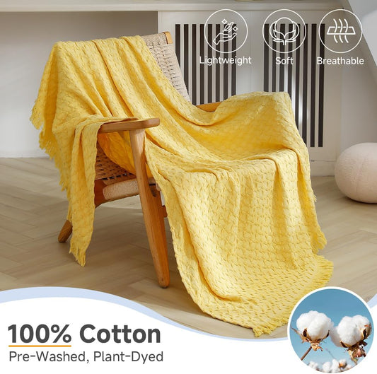 100% Cotton Throw Blanket for Couch, Bed, Waffle Weave Knit Blanket with Tassels, Soft Lightweight Pre-Washed Breathable Comfy Blanket Farmhouse Decor for All-Season(Light Yellow)