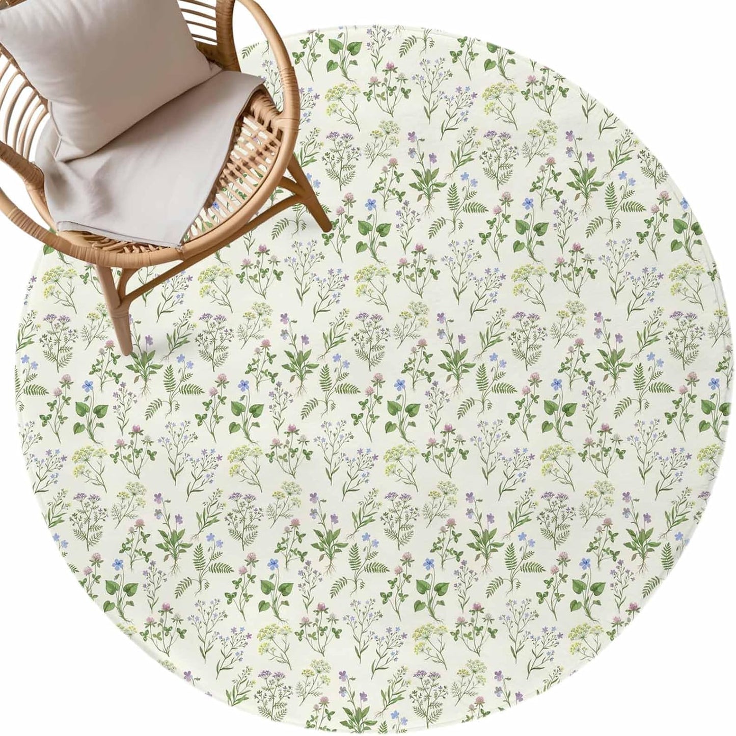 Round Area Rug Carpet,3ft Country Seamless Floral Leaves Soft Shaggy Circle Rugs Non-Slip Accent Floor Mat for Living Room Bedroom Nursery Office Decor,Summer Plant on Light Yellow