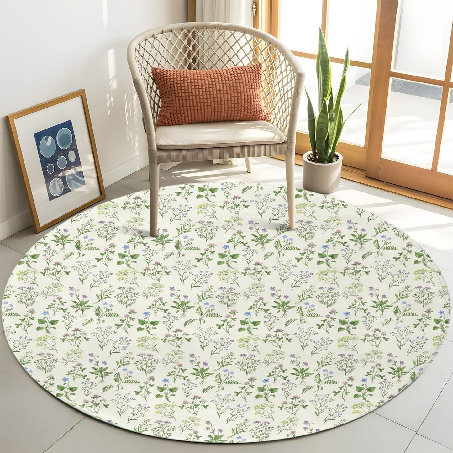 Round Area Rug Carpet,3ft Country Seamless Floral Leaves Soft Shaggy Circle Rugs Non-Slip Accent Floor Mat for Living Room Bedroom Nursery Office Decor,Summer Plant on Light Yellow