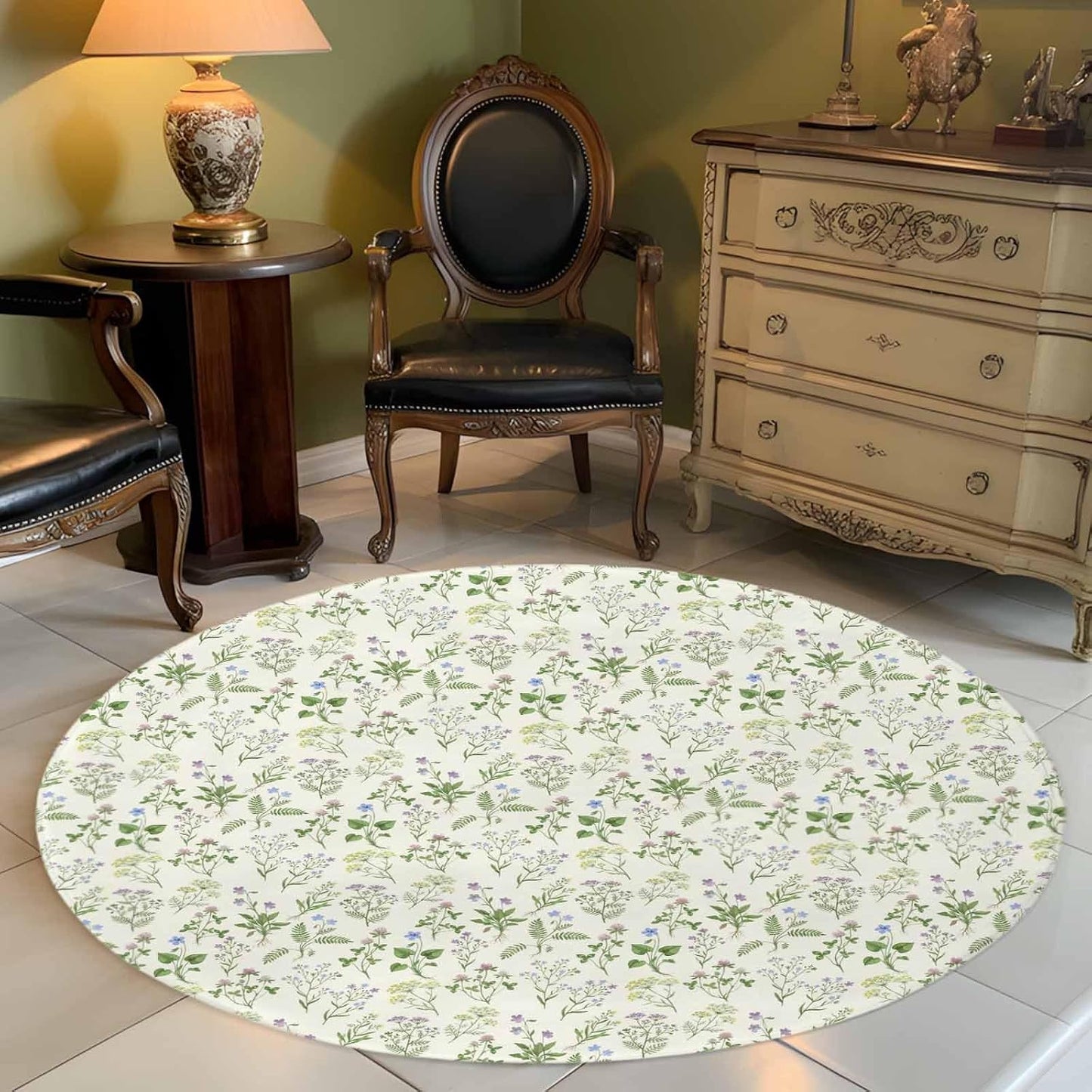 Round Area Rug Carpet,3ft Country Seamless Floral Leaves Soft Shaggy Circle Rugs Non-Slip Accent Floor Mat for Living Room Bedroom Nursery Office Decor,Summer Plant on Light Yellow