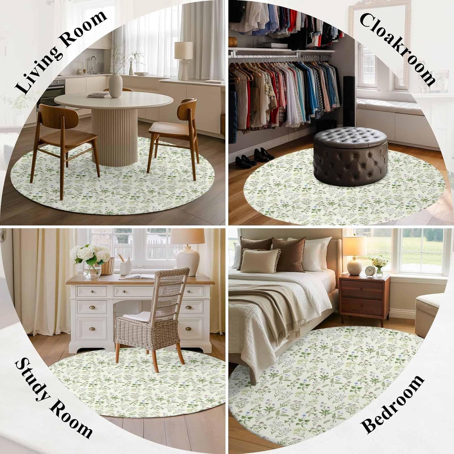 Round Area Rug Carpet,3ft Country Seamless Floral Leaves Soft Shaggy Circle Rugs Non-Slip Accent Floor Mat for Living Room Bedroom Nursery Office Decor,Summer Plant on Light Yellow