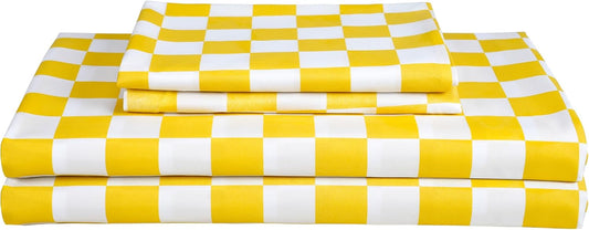 Bed Sheet Set 3 Piece -Twin Size-Soft Durable Microfiber Bedding Sheet Set,Deep Pocket,Stain,Fade & Wrinkle Resistant Green and White Checkerboard Grid(Plaid Yellow&White)