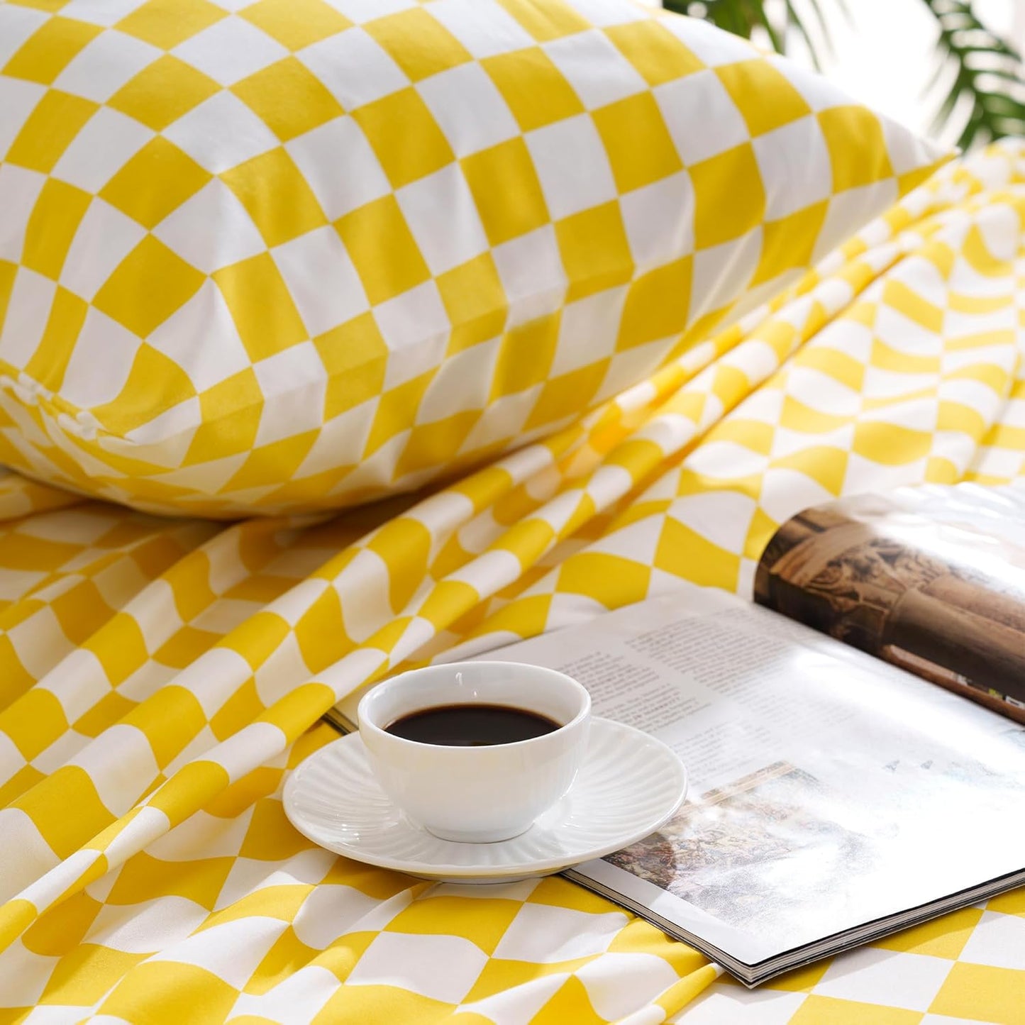 Bed Sheet Set 3 Piece -Twin Size-Soft Durable Microfiber Bedding Sheet Set,Deep Pocket,Stain,Fade & Wrinkle Resistant Green and White Checkerboard Grid(Plaid Yellow&White)