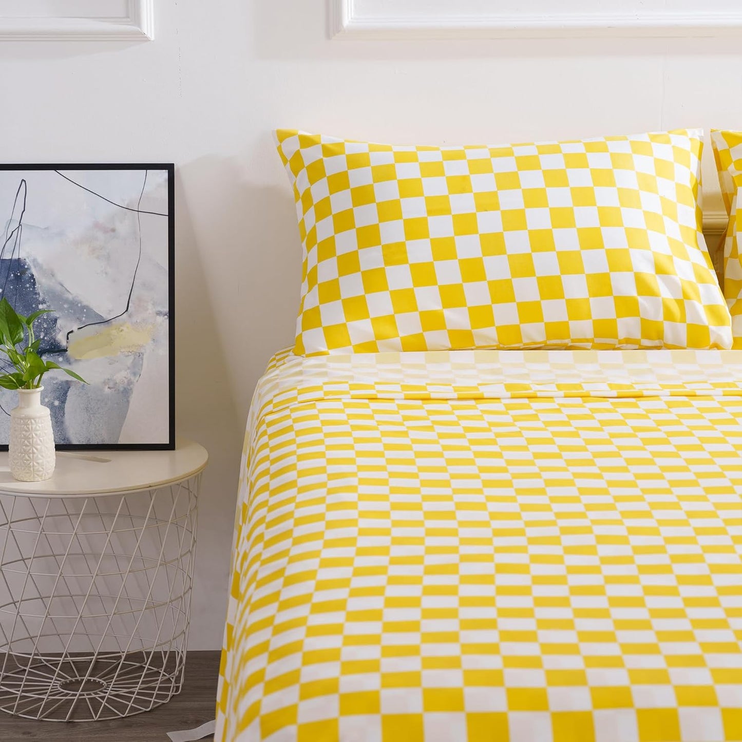 Bed Sheet Set 3 Piece -Twin Size-Soft Durable Microfiber Bedding Sheet Set,Deep Pocket,Stain,Fade & Wrinkle Resistant Green and White Checkerboard Grid(Plaid Yellow&White)