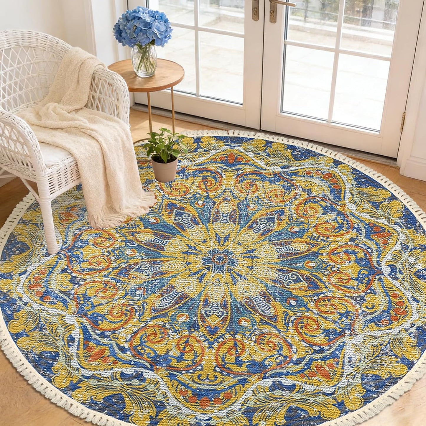 Boho Rug 5Ft Round Floral Carpet for Bedroom Farmhouse Living Room, Circle Nonslip Machine Washable Mandala Floor Mat for Dining Room Playroom, Rustic Tassel Doormat, 59in, Yellow