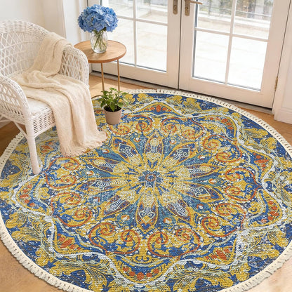 Boho Rug 5Ft Round Floral Carpet for Bedroom Farmhouse Living Room, Circle Nonslip Machine Washable Mandala Floor Mat for Dining Room Playroom, Rustic Tassel Doormat, 59in, Yellow