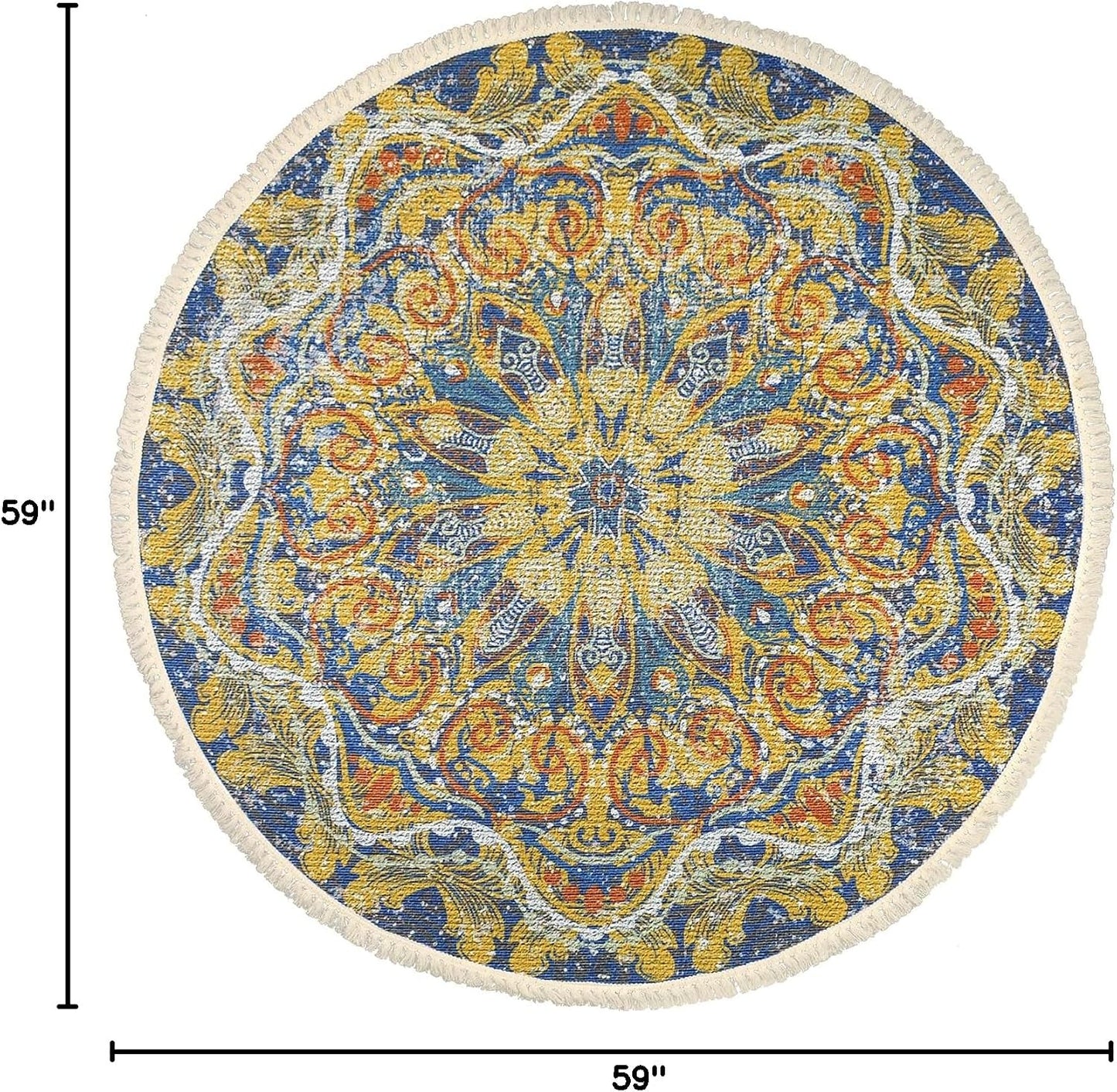 Boho Rug 5Ft Round Floral Carpet for Bedroom Farmhouse Living Room, Circle Nonslip Machine Washable Mandala Floor Mat for Dining Room Playroom, Rustic Tassel Doormat, 59in, Yellow