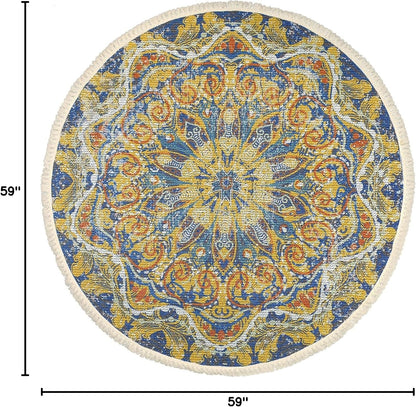 Boho Rug 5Ft Round Floral Carpet for Bedroom Farmhouse Living Room, Circle Nonslip Machine Washable Mandala Floor Mat for Dining Room Playroom, Rustic Tassel Doormat, 59in, Yellow