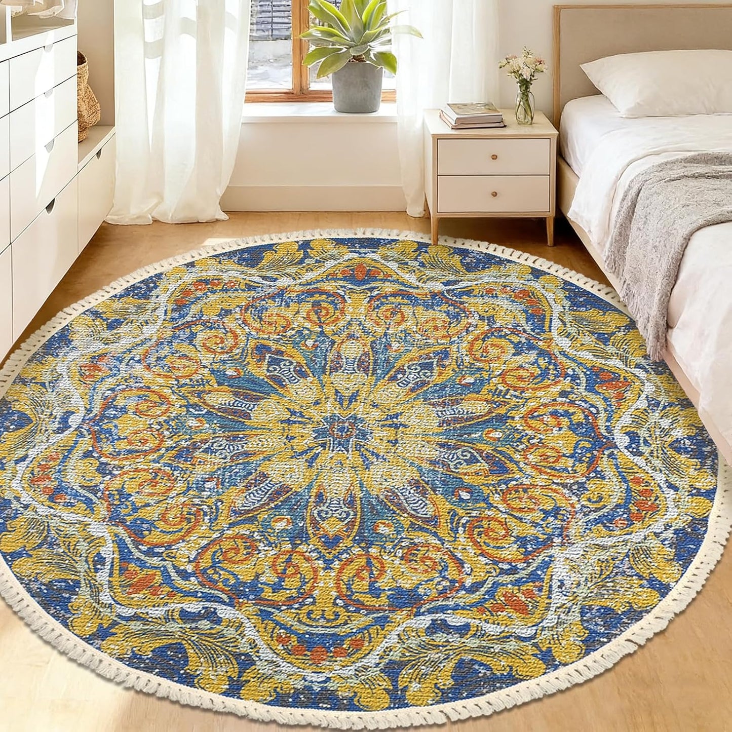 Boho Rug 5Ft Round Floral Carpet for Bedroom Farmhouse Living Room, Circle Nonslip Machine Washable Mandala Floor Mat for Dining Room Playroom, Rustic Tassel Doormat, 59in, Yellow