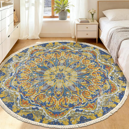 Boho Rug 5Ft Round Floral Carpet for Bedroom Farmhouse Living Room, Circle Nonslip Machine Washable Mandala Floor Mat for Dining Room Playroom, Rustic Tassel Doormat, 59in, Yellow