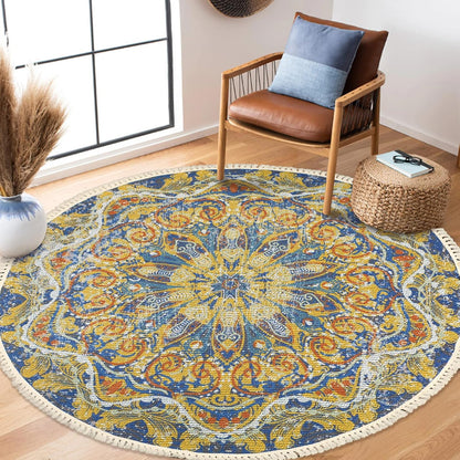Boho Rug 5Ft Round Floral Carpet for Bedroom Farmhouse Living Room, Circle Nonslip Machine Washable Mandala Floor Mat for Dining Room Playroom, Rustic Tassel Doormat, 59in, Yellow