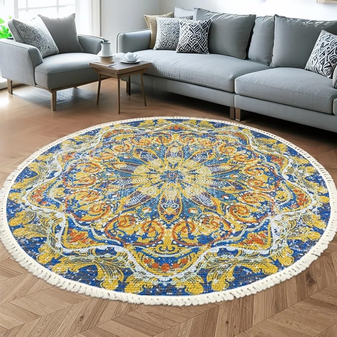 Boho Rug 5Ft Round Floral Carpet for Bedroom Farmhouse Living Room, Circle Nonslip Machine Washable Mandala Floor Mat for Dining Room Playroom, Rustic Tassel Doormat, 59in, Yellow