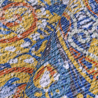 Boho Rug 5Ft Round Floral Carpet for Bedroom Farmhouse Living Room, Circle Nonslip Machine Washable Mandala Floor Mat for Dining Room Playroom, Rustic Tassel Doormat, 59in, Yellow
