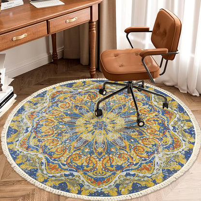 Boho Rug 5Ft Round Floral Carpet for Bedroom Farmhouse Living Room, Circle Nonslip Machine Washable Mandala Floor Mat for Dining Room Playroom, Rustic Tassel Doormat, 59in, Yellow