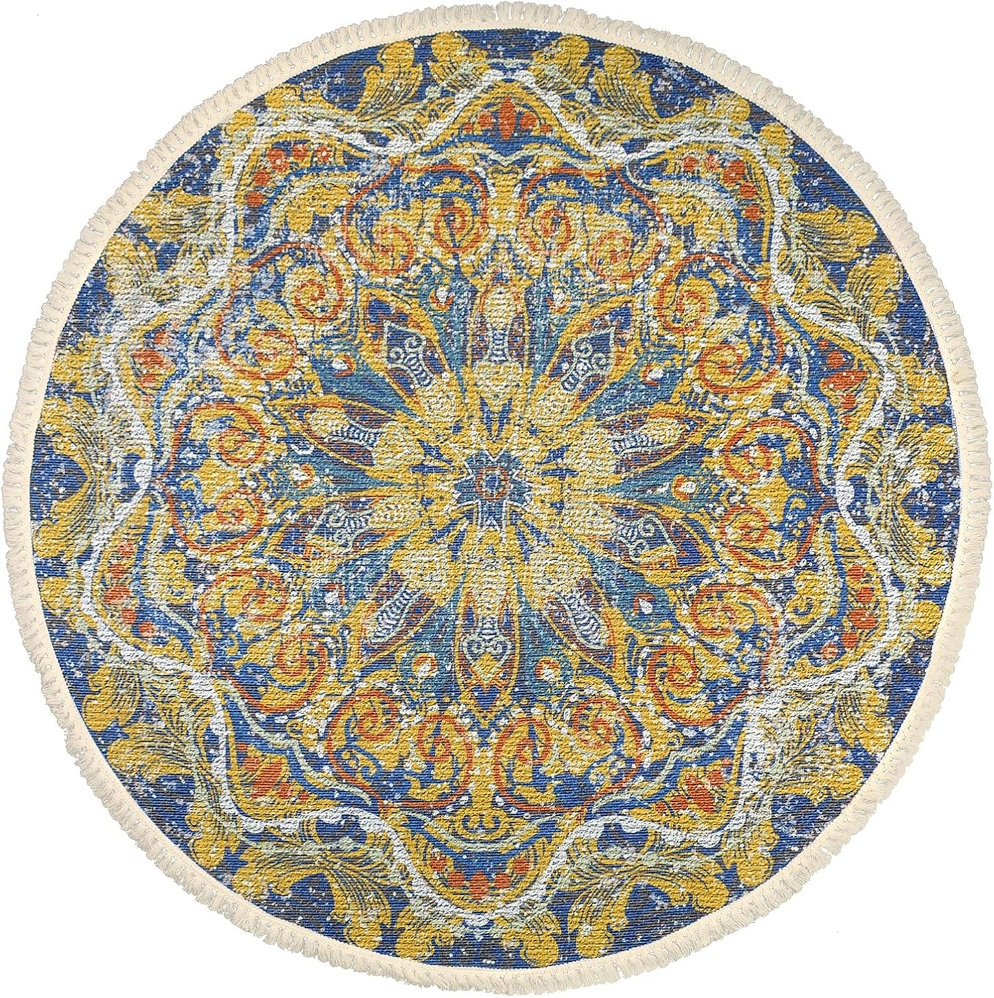 Boho Rug 5Ft Round Floral Carpet for Bedroom Farmhouse Living Room, Circle Nonslip Machine Washable Mandala Floor Mat for Dining Room Playroom, Rustic Tassel Doormat, 59in, Yellow