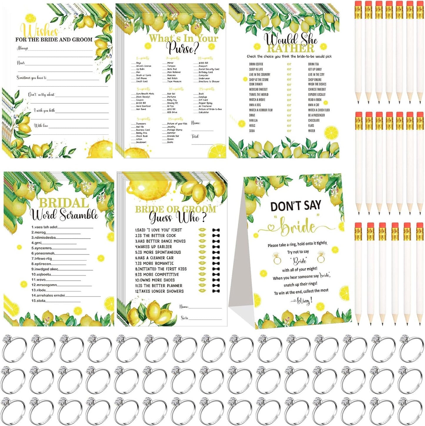 331 Pcs Bridal Shower Games Supplies, 5 Sets 250 Pcs Wedding Cards 1 Put a Ring on It Bridal Shower Games with 60 Rings and 20 Pencils(Lemon Style)