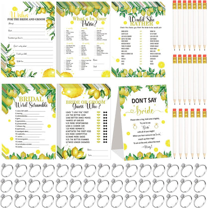 331 Pcs Bridal Shower Games Supplies, 5 Sets 250 Pcs Wedding Cards 1 Put a Ring on It Bridal Shower Games with 60 Rings and 20 Pencils(Lemon Style)