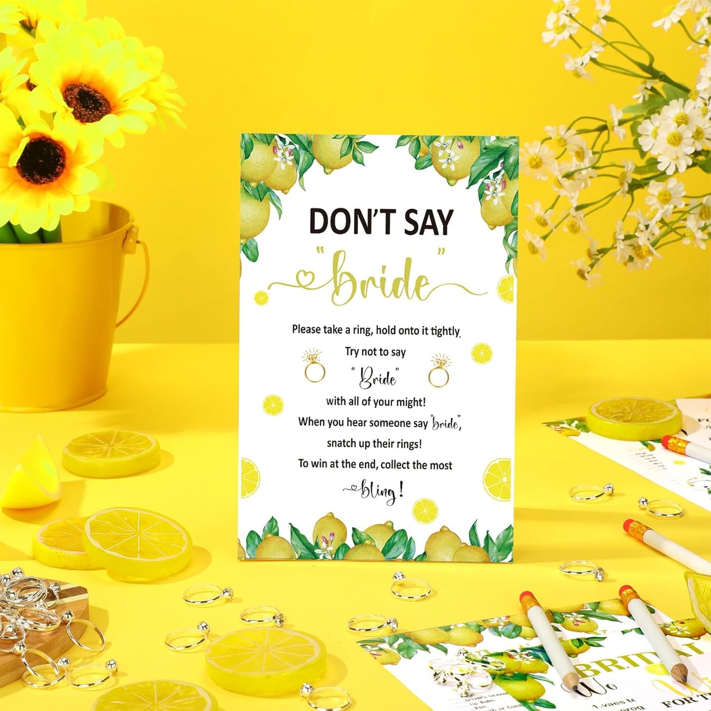 331 Pcs Bridal Shower Games Supplies, 5 Sets 250 Pcs Wedding Cards 1 Put a Ring on It Bridal Shower Games with 60 Rings and 20 Pencils(Lemon Style)