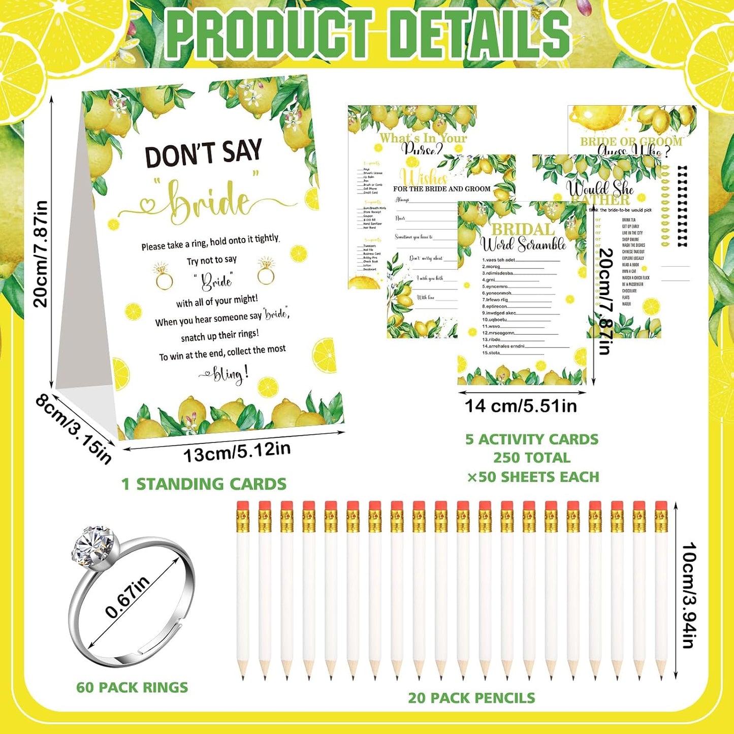 331 Pcs Bridal Shower Games Supplies, 5 Sets 250 Pcs Wedding Cards 1 Put a Ring on It Bridal Shower Games with 60 Rings and 20 Pencils(Lemon Style)