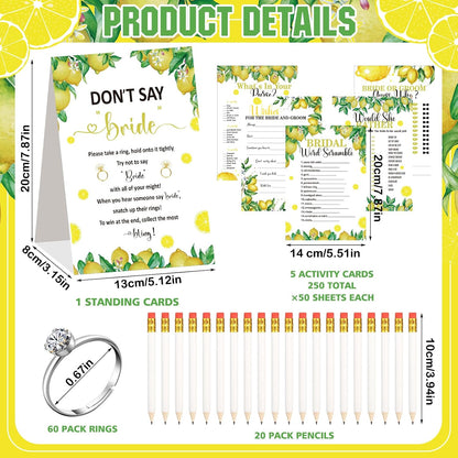 331 Pcs Bridal Shower Games Supplies, 5 Sets 250 Pcs Wedding Cards 1 Put a Ring on It Bridal Shower Games with 60 Rings and 20 Pencils(Lemon Style)