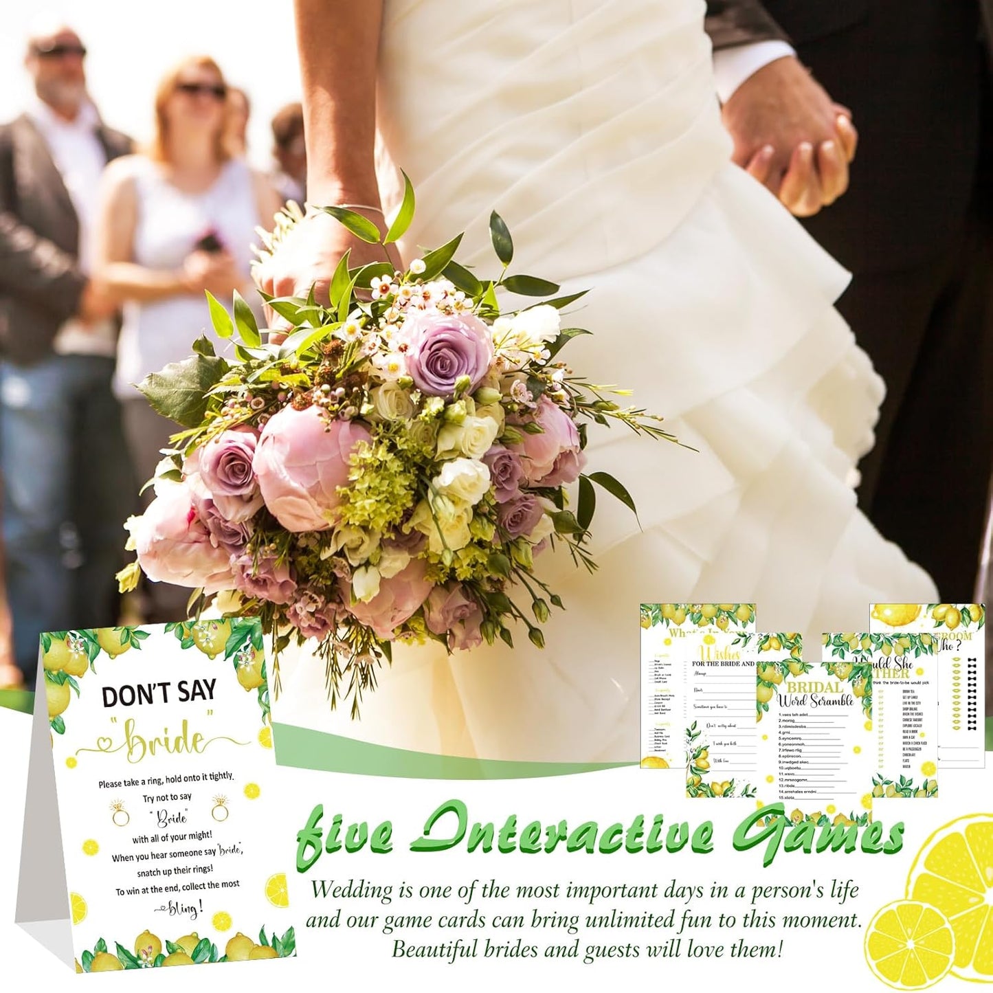 331 Pcs Bridal Shower Games Supplies, 5 Sets 250 Pcs Wedding Cards 1 Put a Ring on It Bridal Shower Games with 60 Rings and 20 Pencils(Lemon Style)