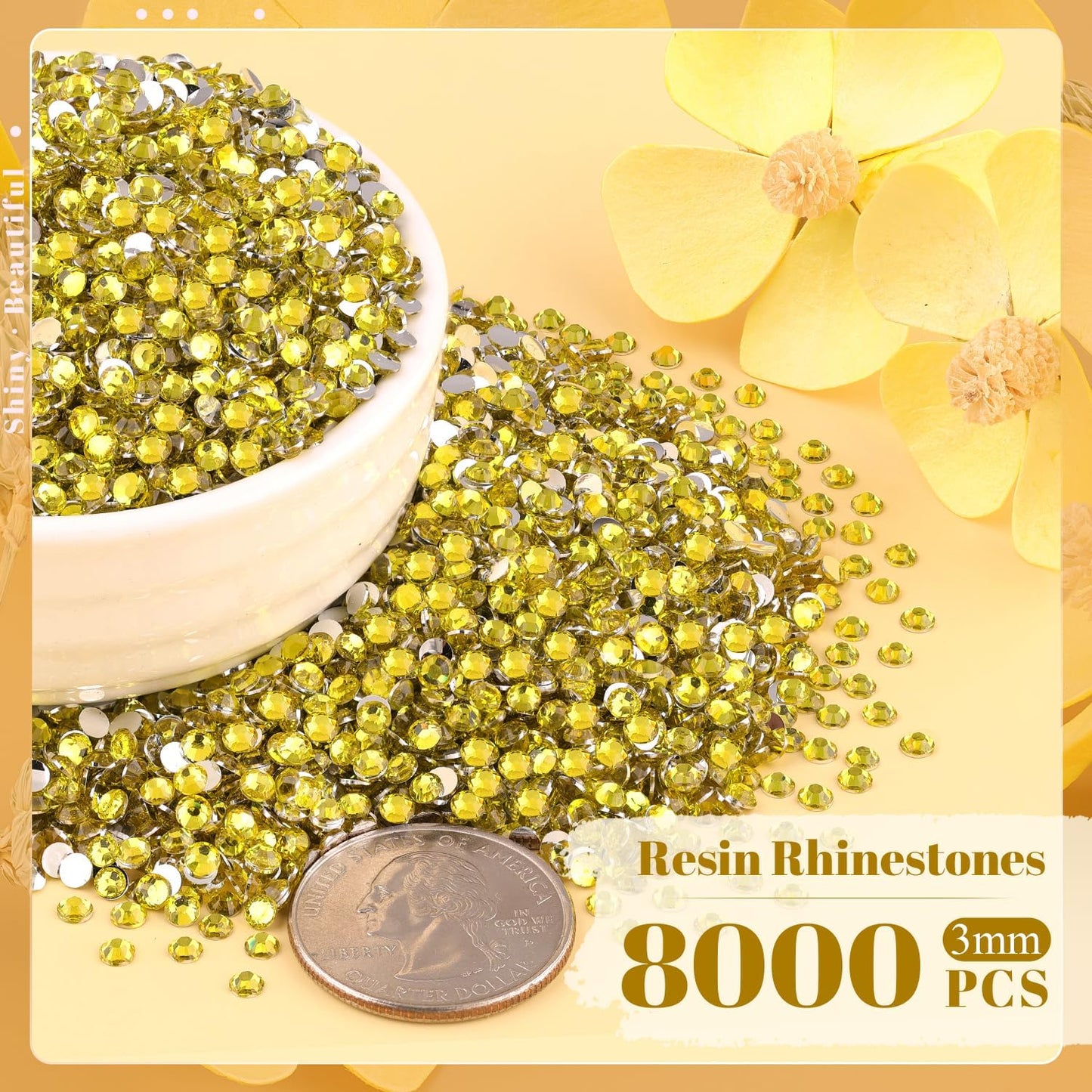 8000PCS 3mm Resin Rhinestones Bulk for Crafting (Lemon Yellow), Flatback Bedazzling Crystals for Crafts DIY Nail Decoration, Gems Charms for Tumbler Shoes Clothing Fabric with Pickup Pen and Tweezers