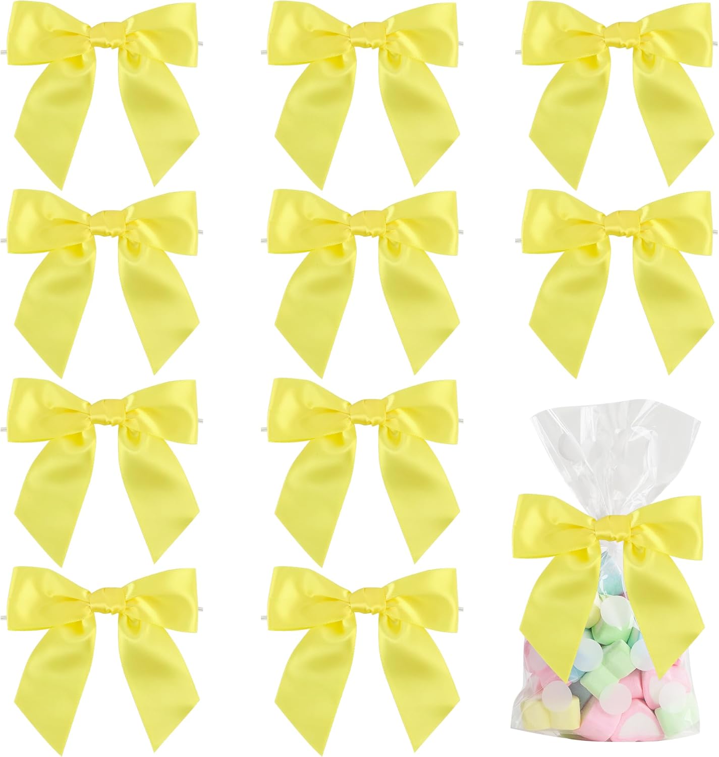 Yellow Satin Bows 4.5" Pre-Tied Yellow Twist Tie Bows for Treat Bags Light Yellow Ribbon Bows for Crafts Premade Bows for Gift Wrapping Wedding Decor Baby Shower Party Favors - 36 PCs