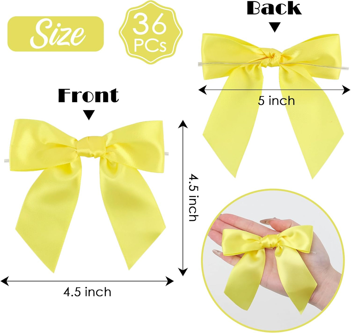 Yellow Satin Bows 4.5" Pre-Tied Yellow Twist Tie Bows for Treat Bags Light Yellow Ribbon Bows for Crafts Premade Bows for Gift Wrapping Wedding Decor Baby Shower Party Favors - 36 PCs