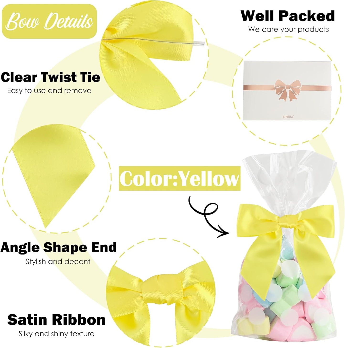 Yellow Satin Bows 4.5" Pre-Tied Yellow Twist Tie Bows for Treat Bags Light Yellow Ribbon Bows for Crafts Premade Bows for Gift Wrapping Wedding Decor Baby Shower Party Favors - 36 PCs